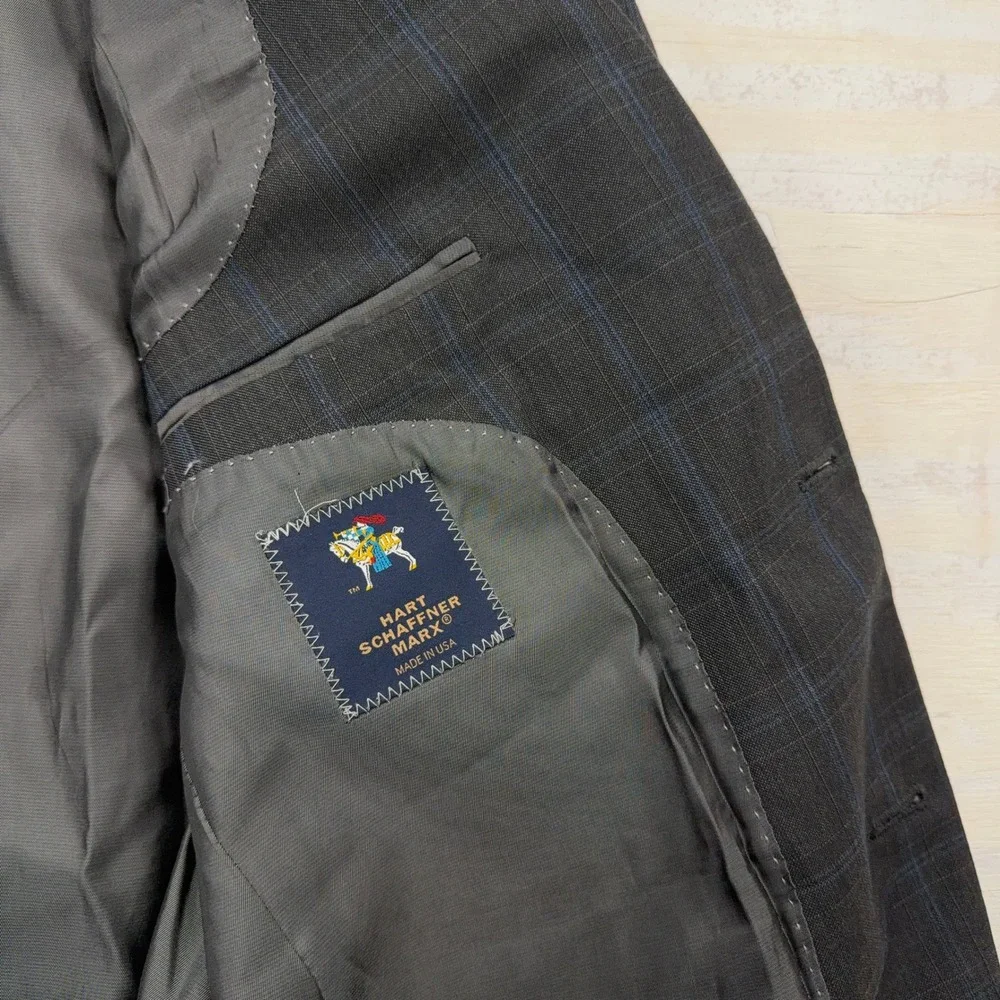Hart Schaffner Marx Suit Jacket Plaid 2-Button Sport Coat Charcoal Blue Mens 42R